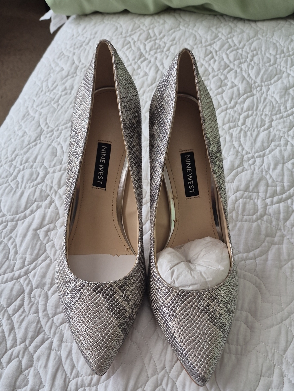 Nine West Silver Snake-Embossed Pointed Toe Heels